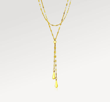 14k Yellow Gold Double Strand Puffed Heart Lariat Necklace